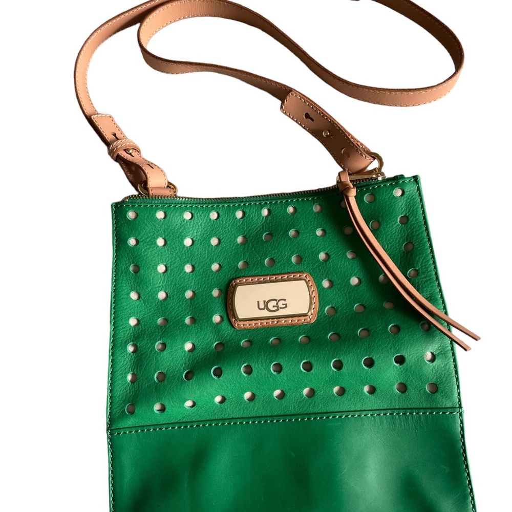 UGG green leather cross body bag, tan lining. EUC.